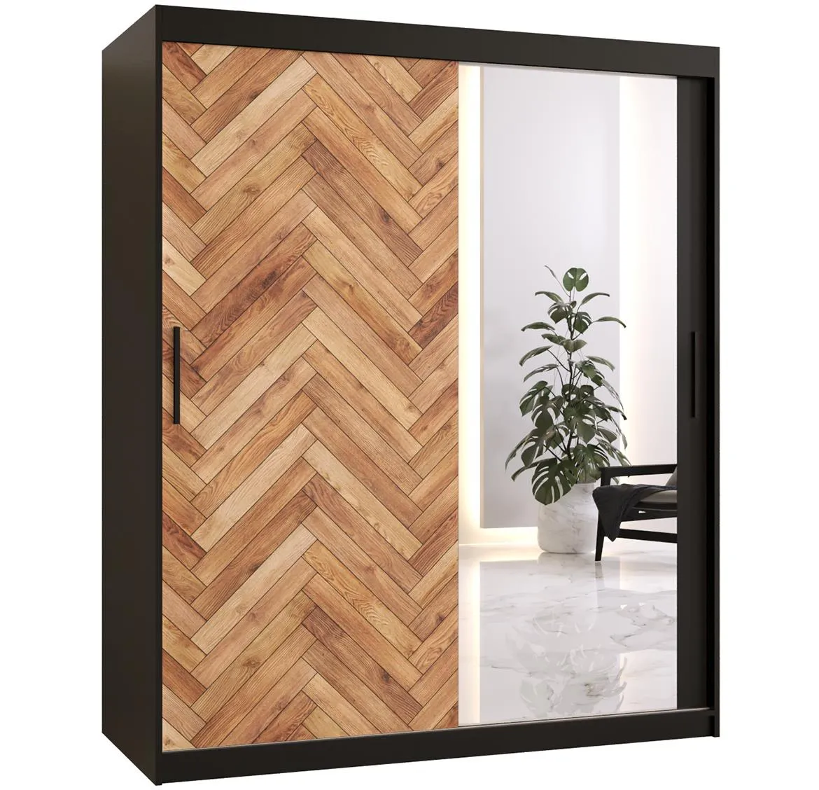 Herringbone 2 klizni ormar 2 vrata/ogledalo 150x62x200 cm crni/natur