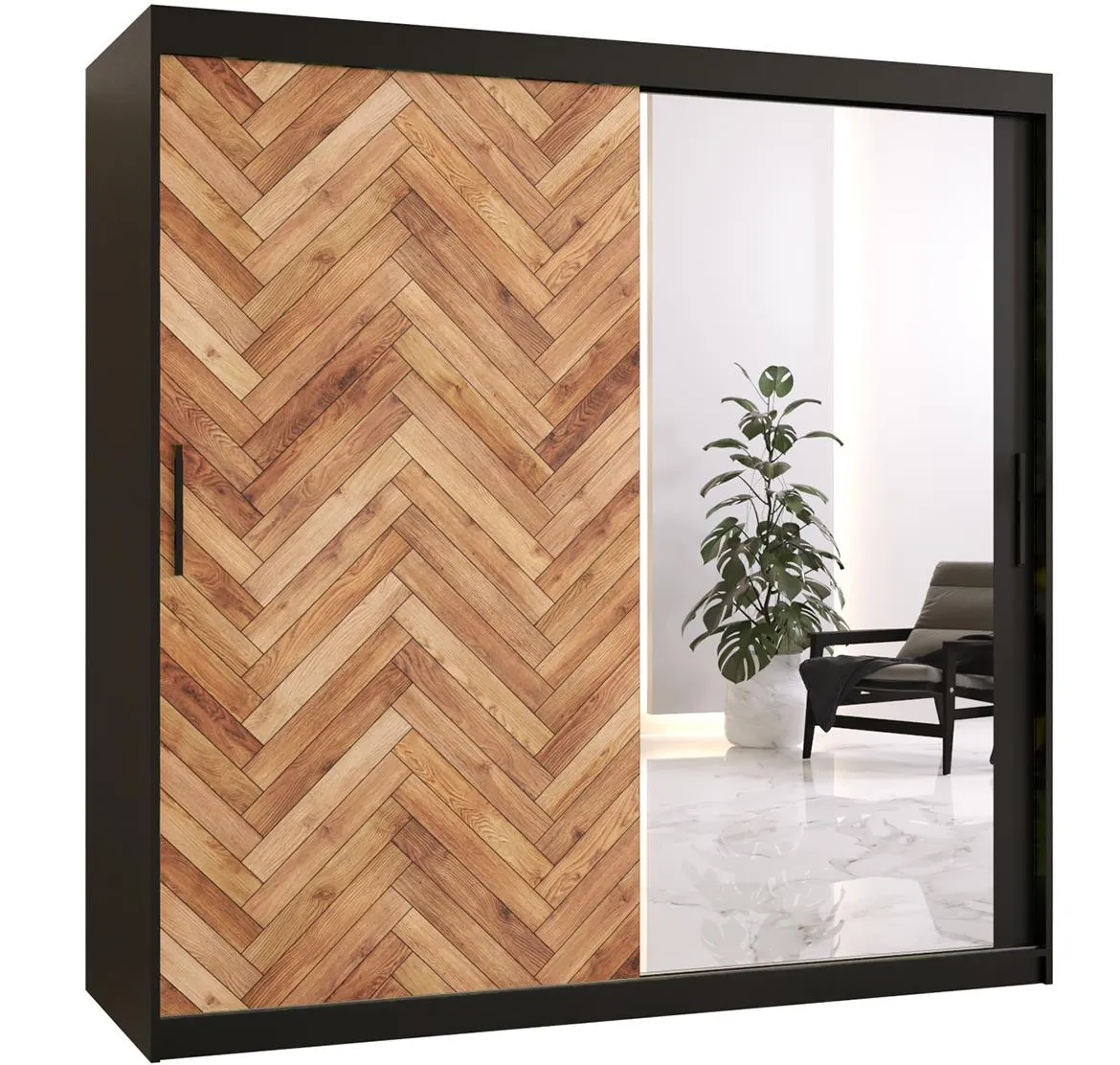 Herringbone 2 klizni ormar 2 vrata/ogledalo 180x62x200 cm crni/natur