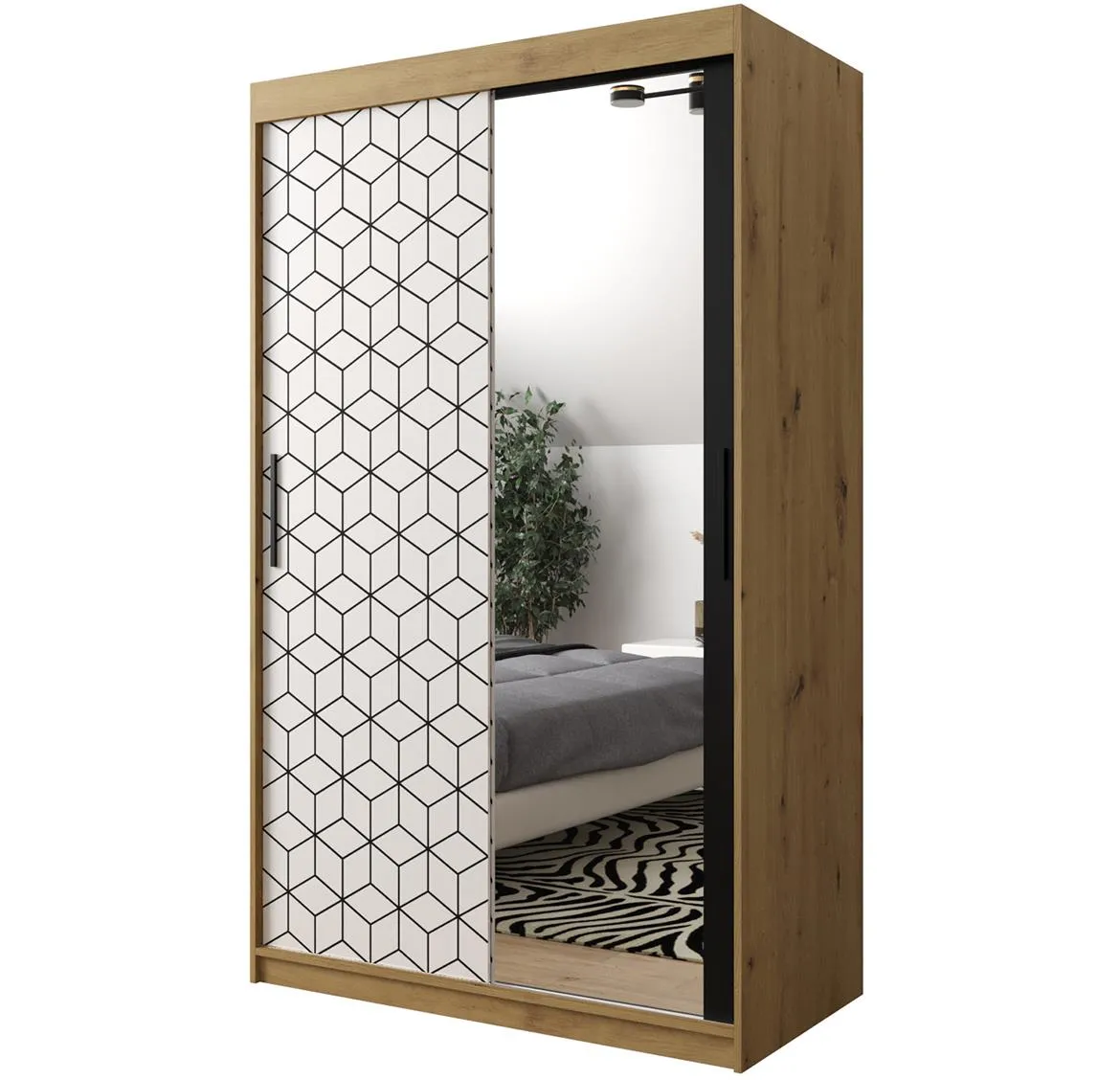 Hexagon ormar/ogledalo 2 vrata 120x62x200 cm natur (artisan hrast)/beli