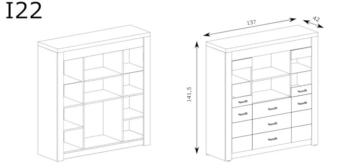 Indianapolis široka vitrina 4 vrata+3 fioke+2 otvora 137x42x141,5 tamni hrast