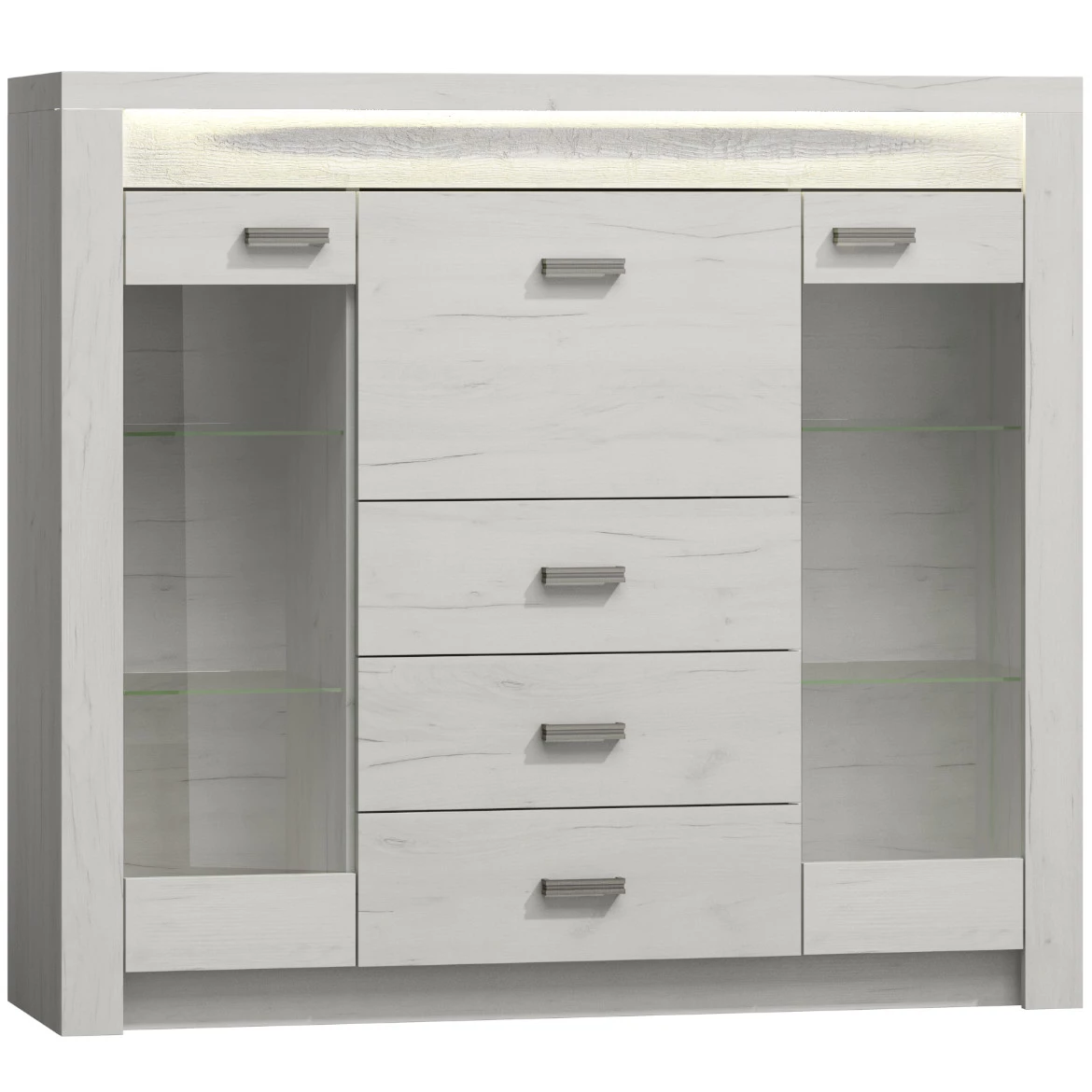 Indianapolis komoda 2 staklena vrata + 1 otklopna vrata+3 fioke 137x42x122 izbeljena bela