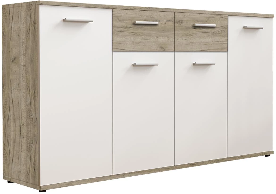Jacky komoda 4 vrata+2 fioke 160x35x85 bela/sivi hrast