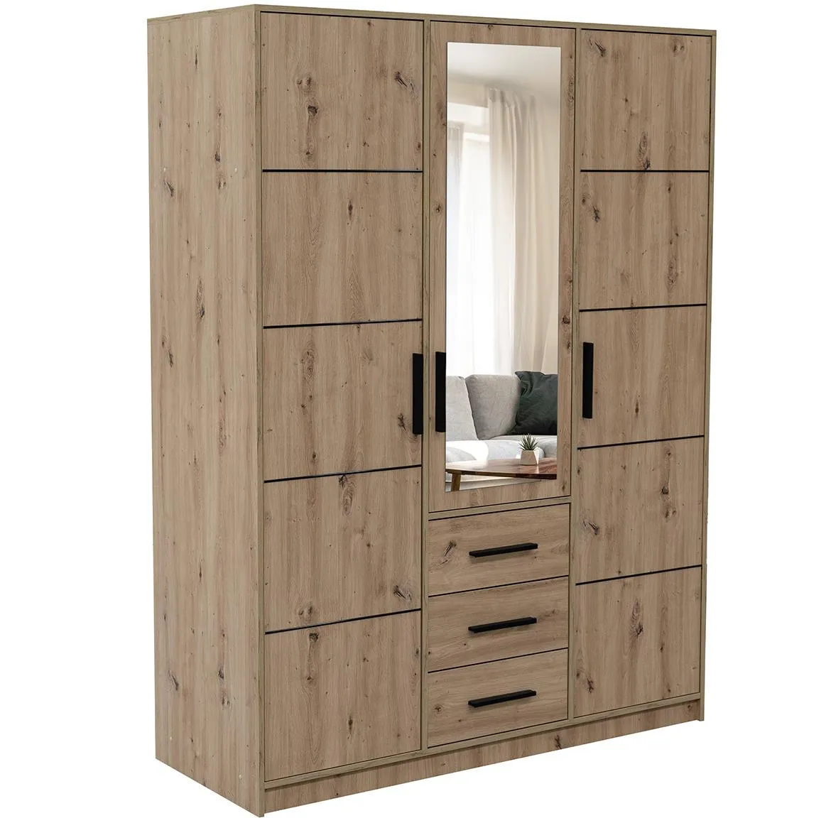 Kos ormar 3 vrata/ogledalo+3 fioke 149x57,5x200 cm hrast
