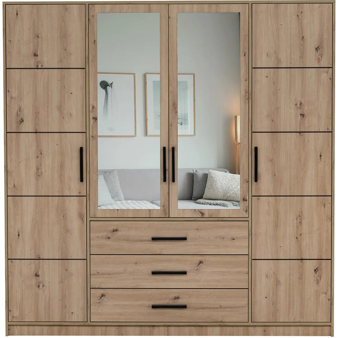 Kos ormar 4 vrata/ogledalo+3 fioke 196x57,5x200 cm hrast