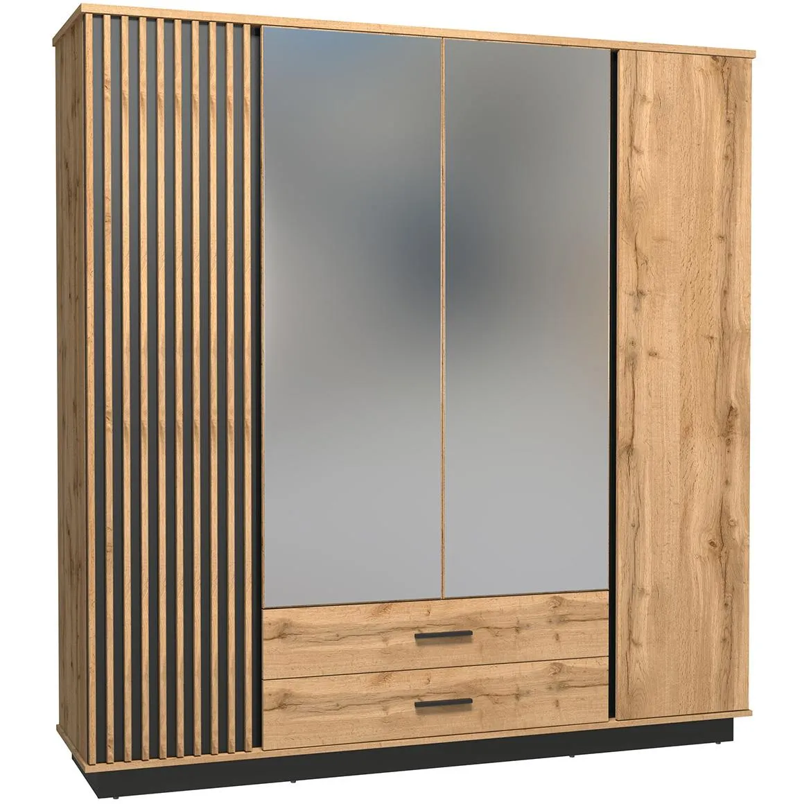 Lamelo LA18 ormar 4 vrata/ogledalo+ 2 fioke 196,6x52x205 cm natur (wotan harst)/crni