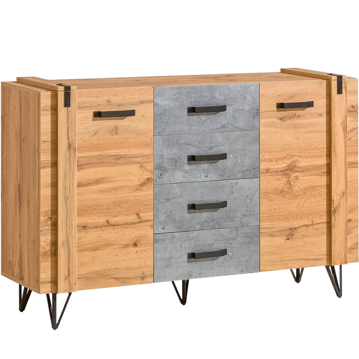 Lofter komoda 2 vrata + 4 fioke 135x41,3x97 cm natur (wotan hrast)/beton