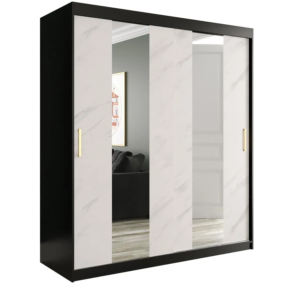 Marble ormar 2 vrata/ogledalo 180x62x200 crno/beli