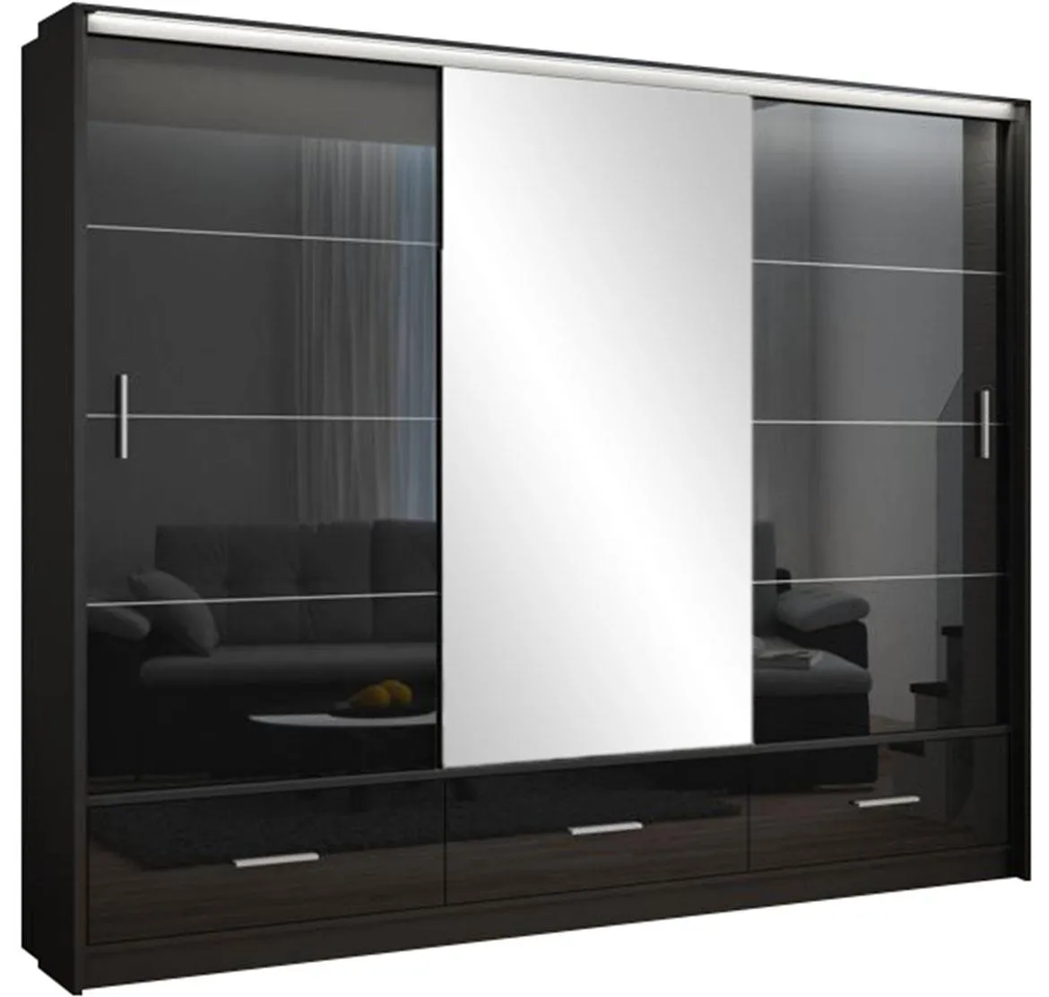 Marsylia klizni ormar/ogledalo 3 vrata+3 fioke 255x61x225 cm crni visoki sjaj
