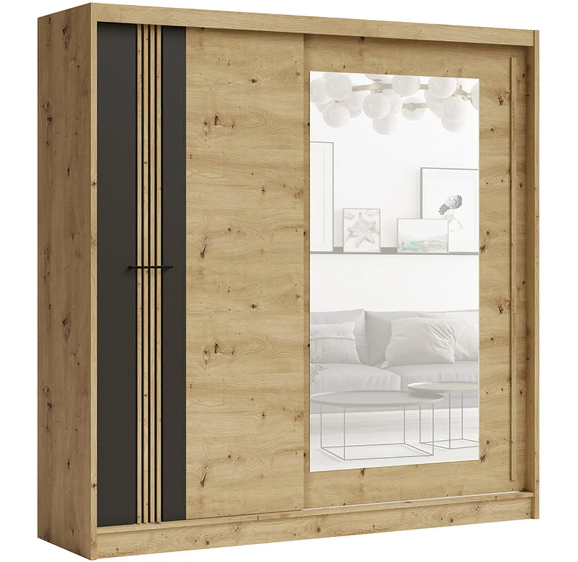 Molto ML-200 klizni ormar 2 vrata/ogledalo 200x59x215 cm crni/natur (artisan hrast)