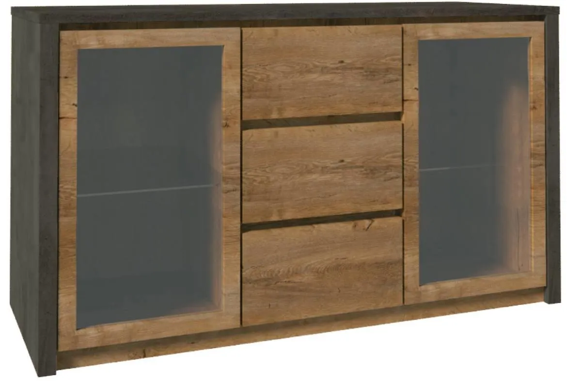 Montana k2d komoda 2 vrata/staklo+3 fioke 140x43x80 cm tamno siva/tamni hrast