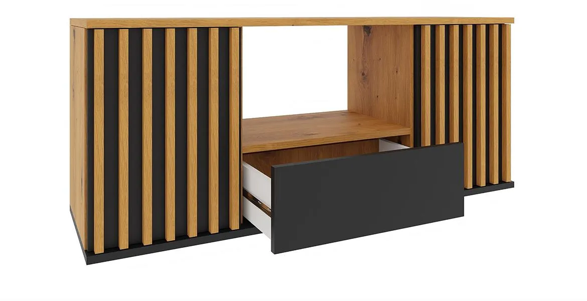 Nairobi TV komoda 2 vrata + 1 fioka + 1 otvor 140x44x58 cm natur (artisan hrast)/crni