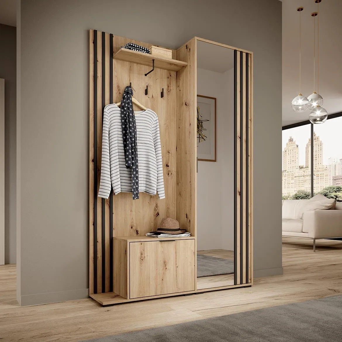 Nelly predsoblje 131x40x192 cm artisan hrast/crno