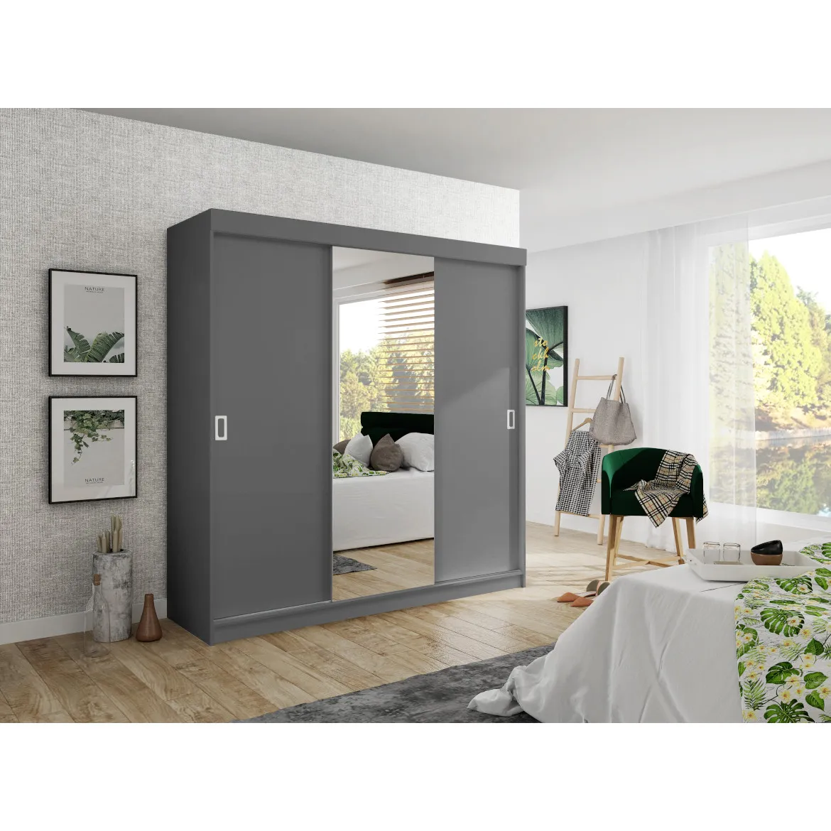 Ormar Bill 3 vrata 200x59x205 tamno sivi/ogledalo