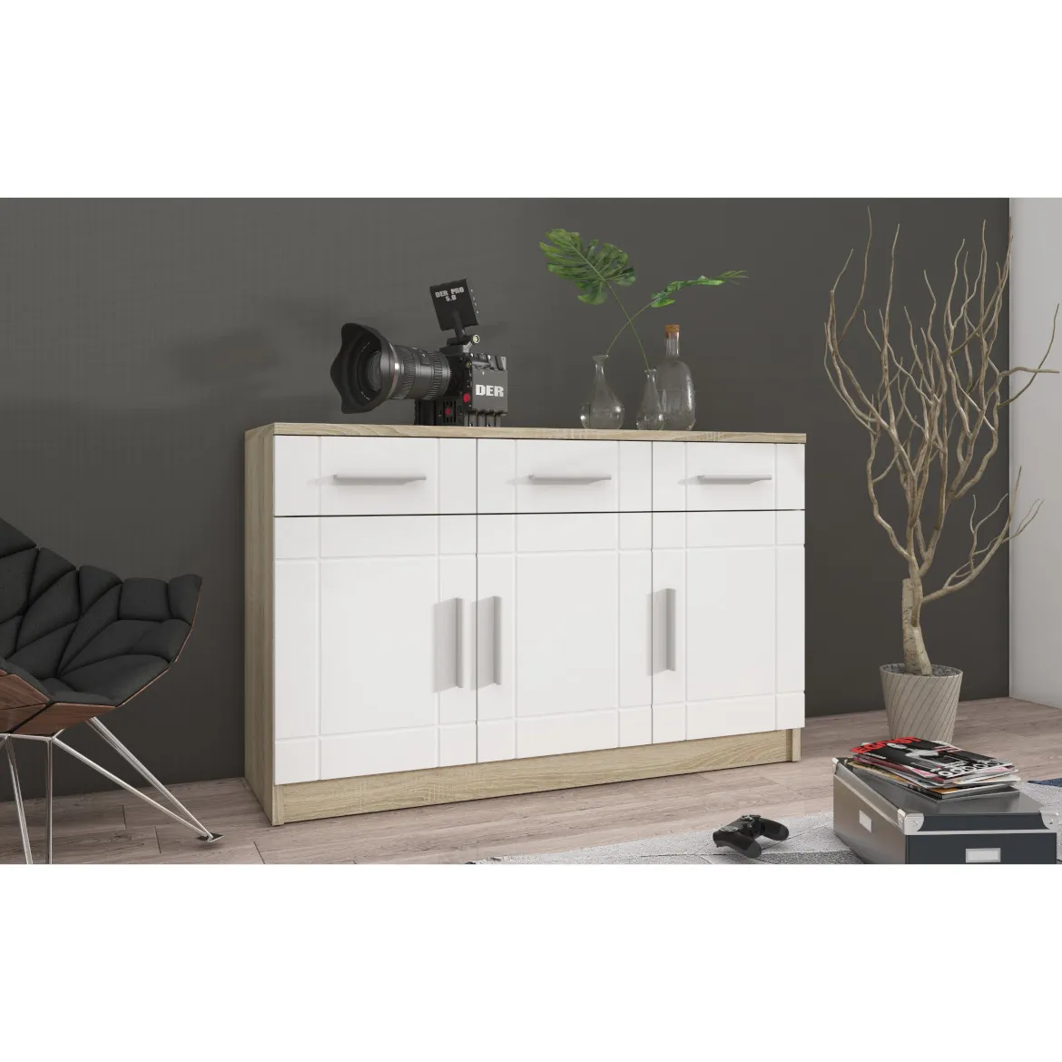Paris komoda 3 vrata+ 3 fioke 104x37x70 natur (sonoma hrast)/bela