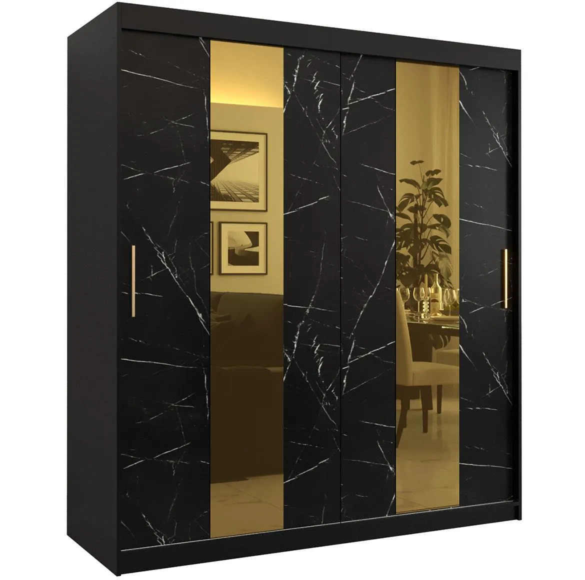 Platinum Pole klizni ormar 2 vrata/ogledalo 180x62x200 cm crni/prit crnog mermera/zlatni