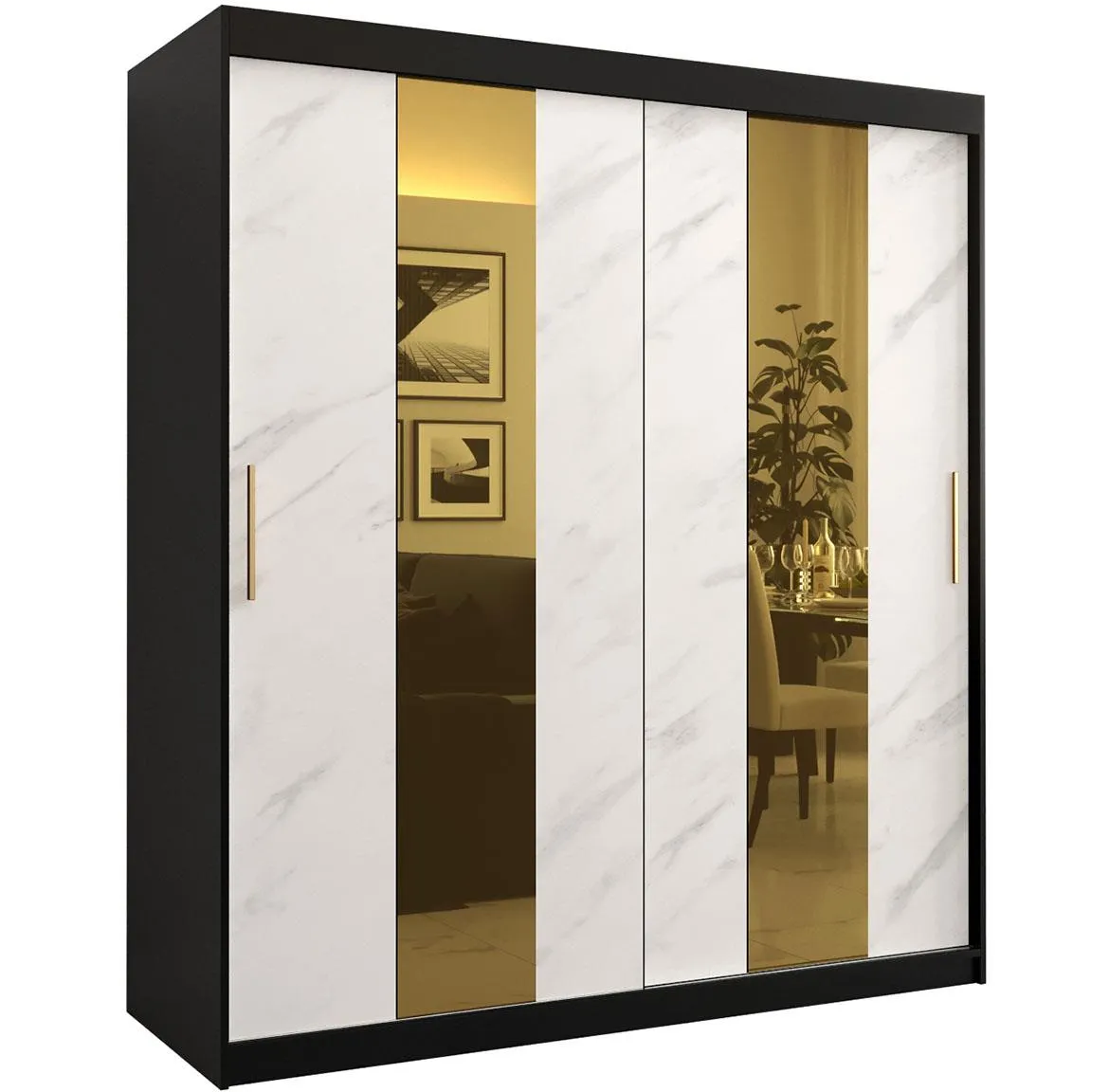 Platinum Pole klizni ormar 2 vrata/ogledalo 180x62x200 cm crni/print belog mermera/zlatni