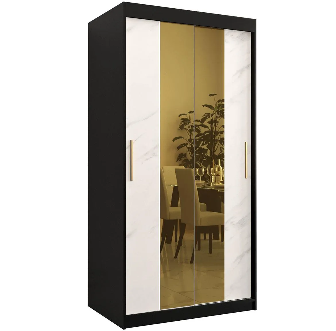 Platinum Pole T1 klizni ormar 2 vrata/ogledalo 100x62x200 cm crni/print belog mermera/zlatni