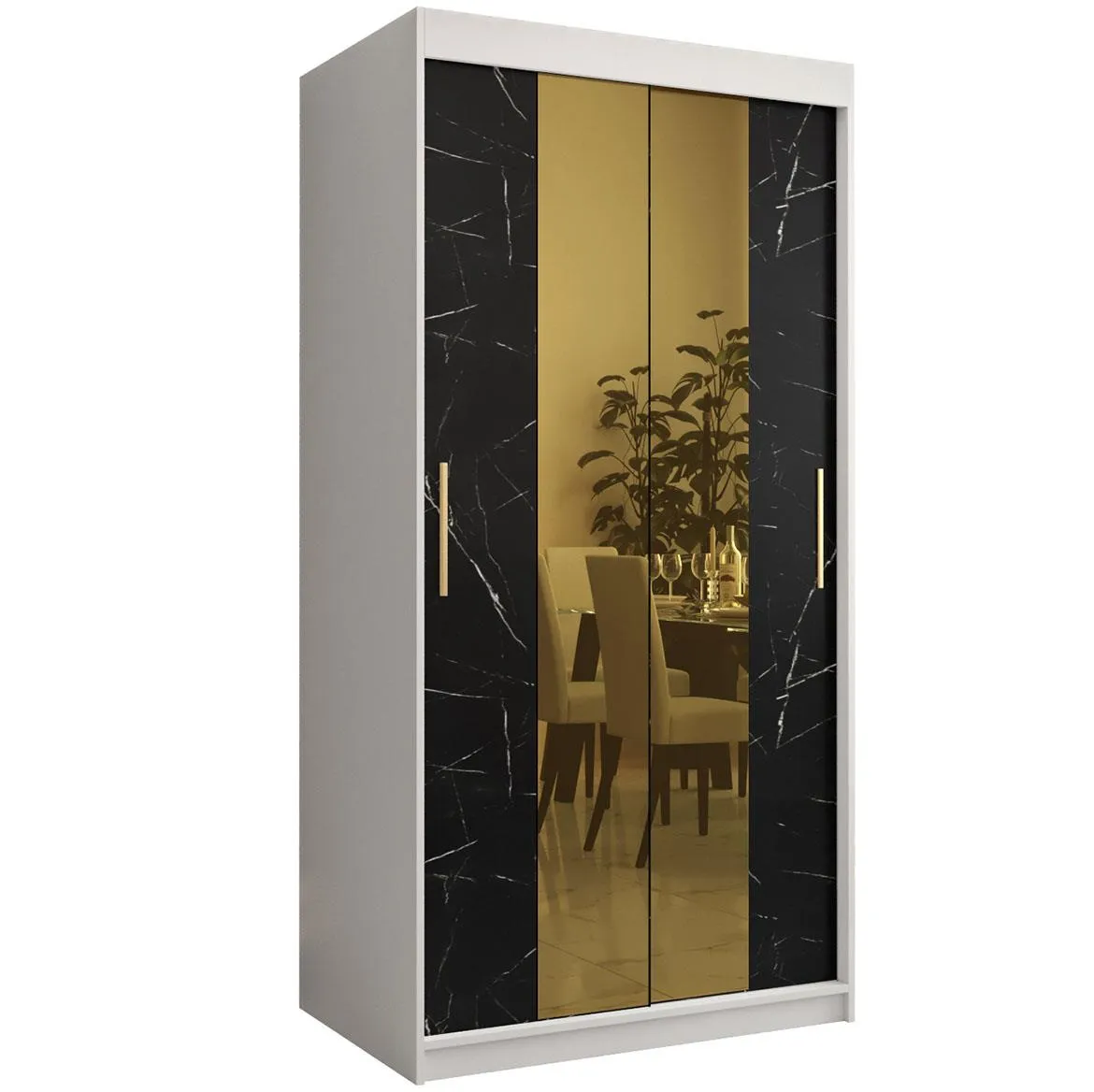 Platinum Pole T1 klizni ormar 2 vrata/ogledalo 100x62x200 cm beli/print crnog mermera/zlatni