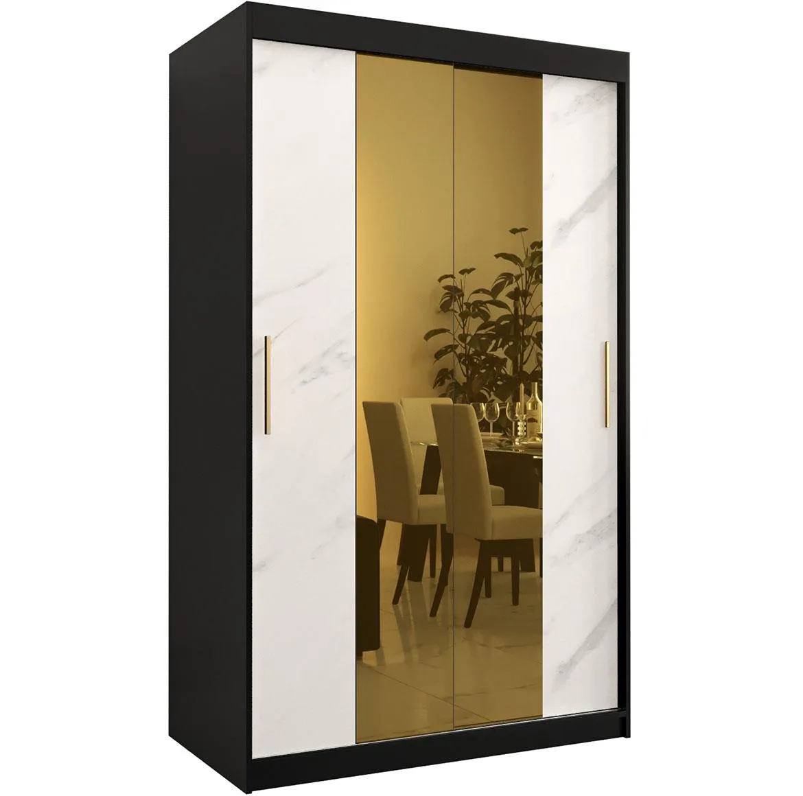 Platinum Pole T1 klizni ormar 2 vrata/ogledalo 120x62x200 cm crni/print belog mermera/zlatni
