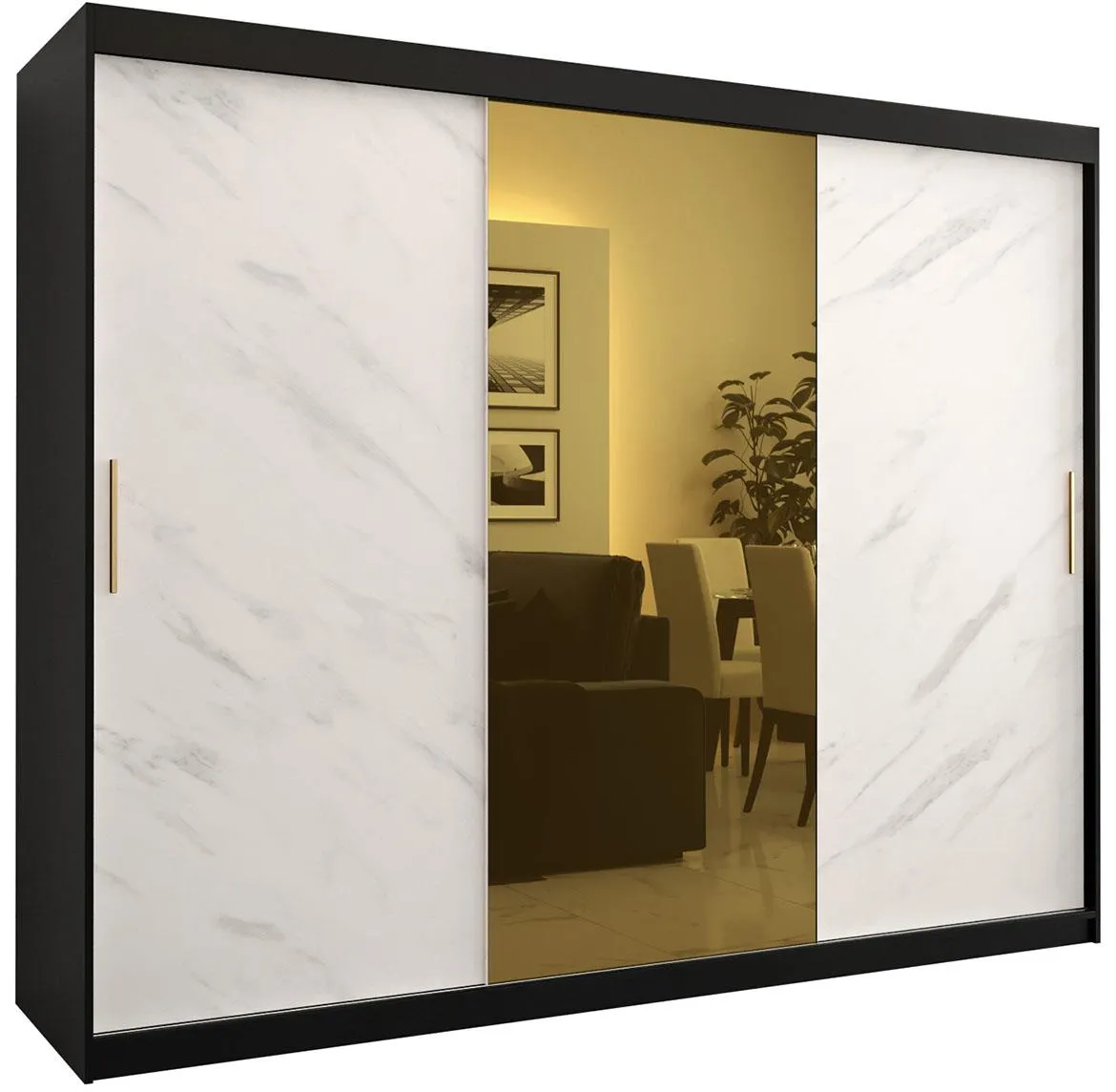 Platinum Pole T1 klizni ormar 3 vrata/ogledalo 250x62x200 cm crni/print belog mermera/zlatni