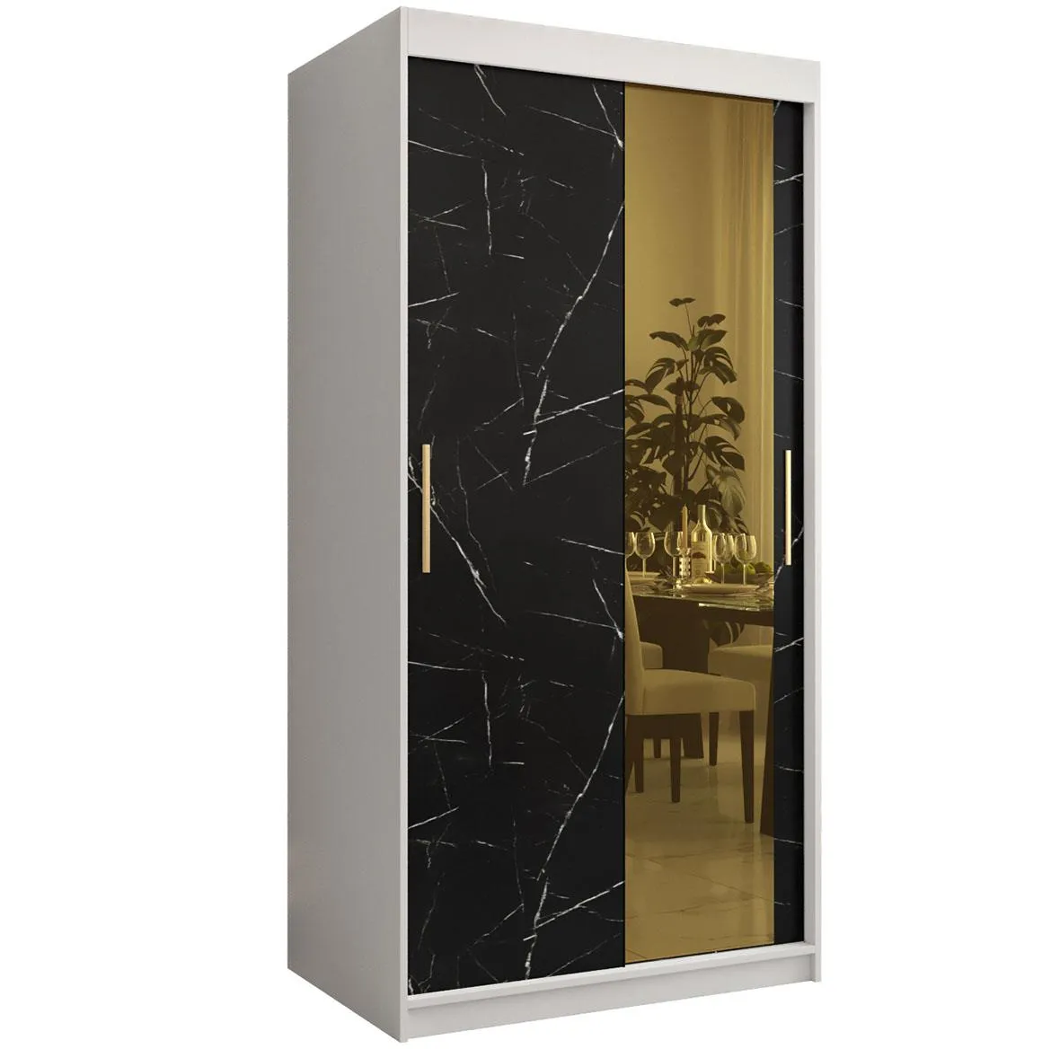 Platinum Pole T2 klizni ormar 2 vrata/ogledalo 100x62x200 cm beli/print crnog mermera/zlatni