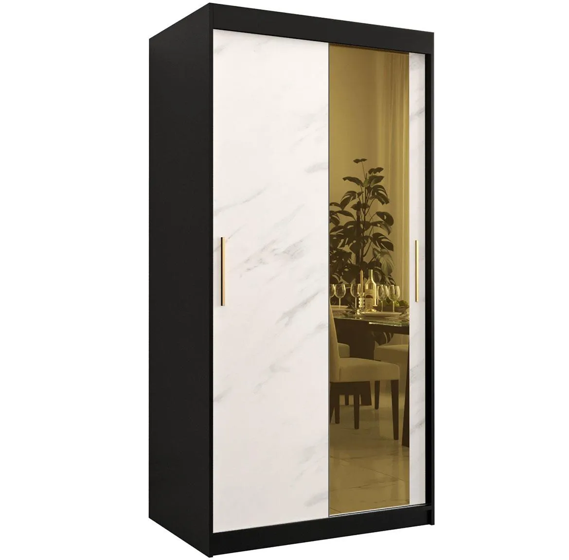 Platinum Pole T2 klizni ormar 2 vrata/ogledalo 100x62x200 cm crni/print belog mermera/zlatni