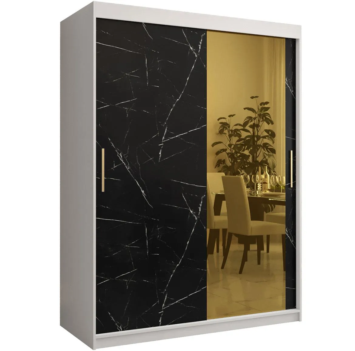 Platinum Pole T2 klizni ormar 2 vrata/ogledalo 150x62x200 cm beli/print crnog mermera/zlatni