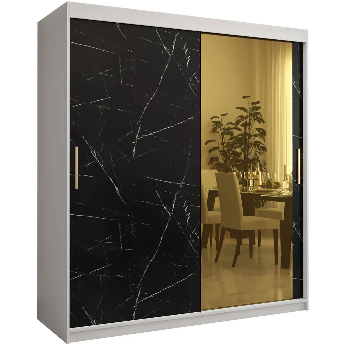 Platinum Pole T2 klizni ormar 2 vrata/ogledalo 180x62x200 cm beli/print crnog mermera/zlatni