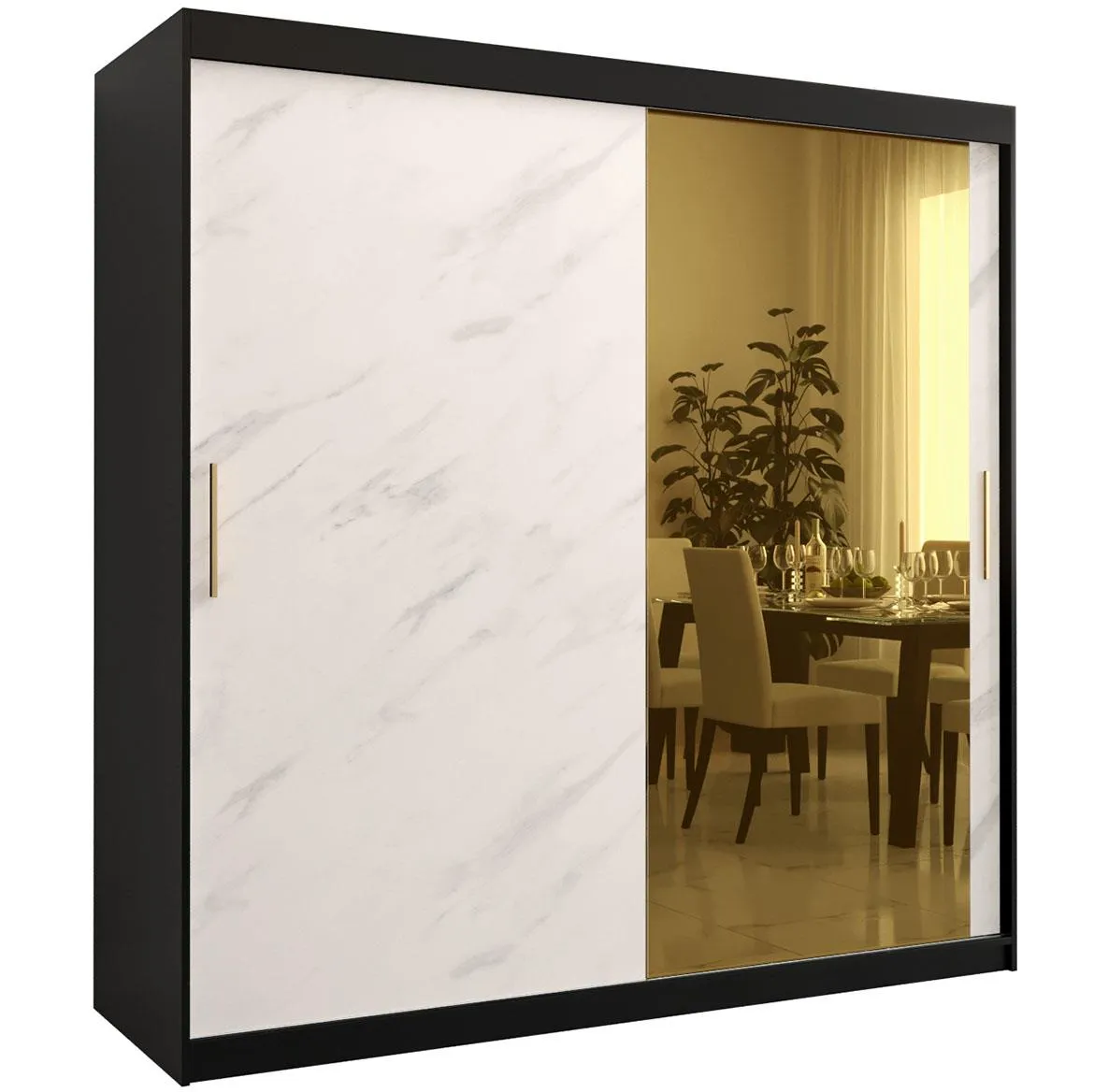 Platinum Pole T2 klizni ormar 2 vrata/ogledalo 200x62x200 cm crni/print belog mermera/zlatni