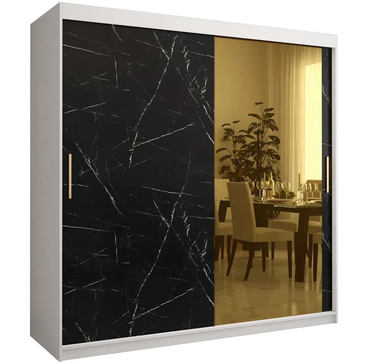 Platinum Pole T2 klizni ormar 2 vrata/ogledalo 200x62x200 cm beli/print crnog mermera/zlatni