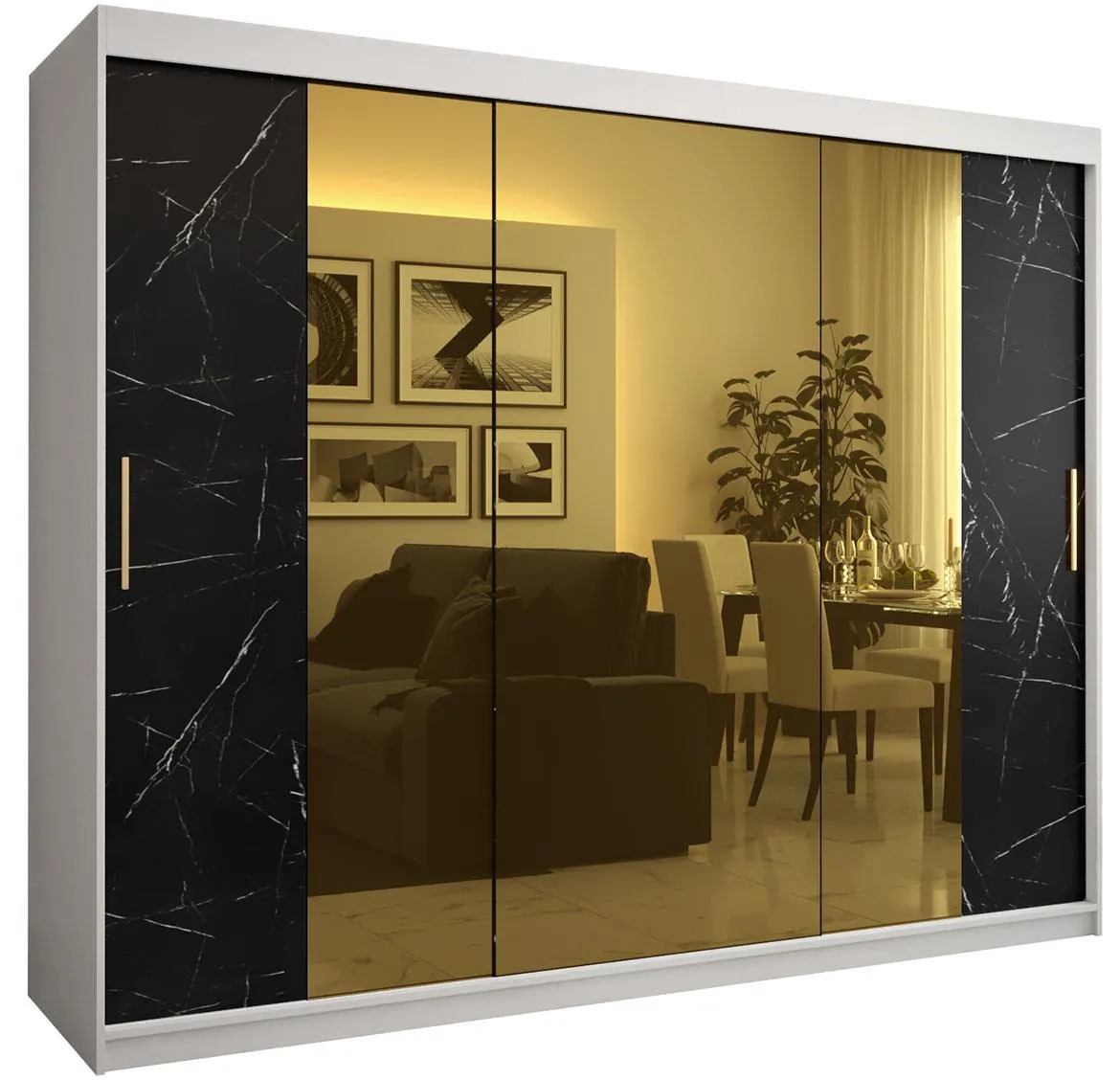 Platinum Pole T2 klizni ormar 3 vrata/ogledalo 250x62x200 cm beli/print crnog mermera/zlatni