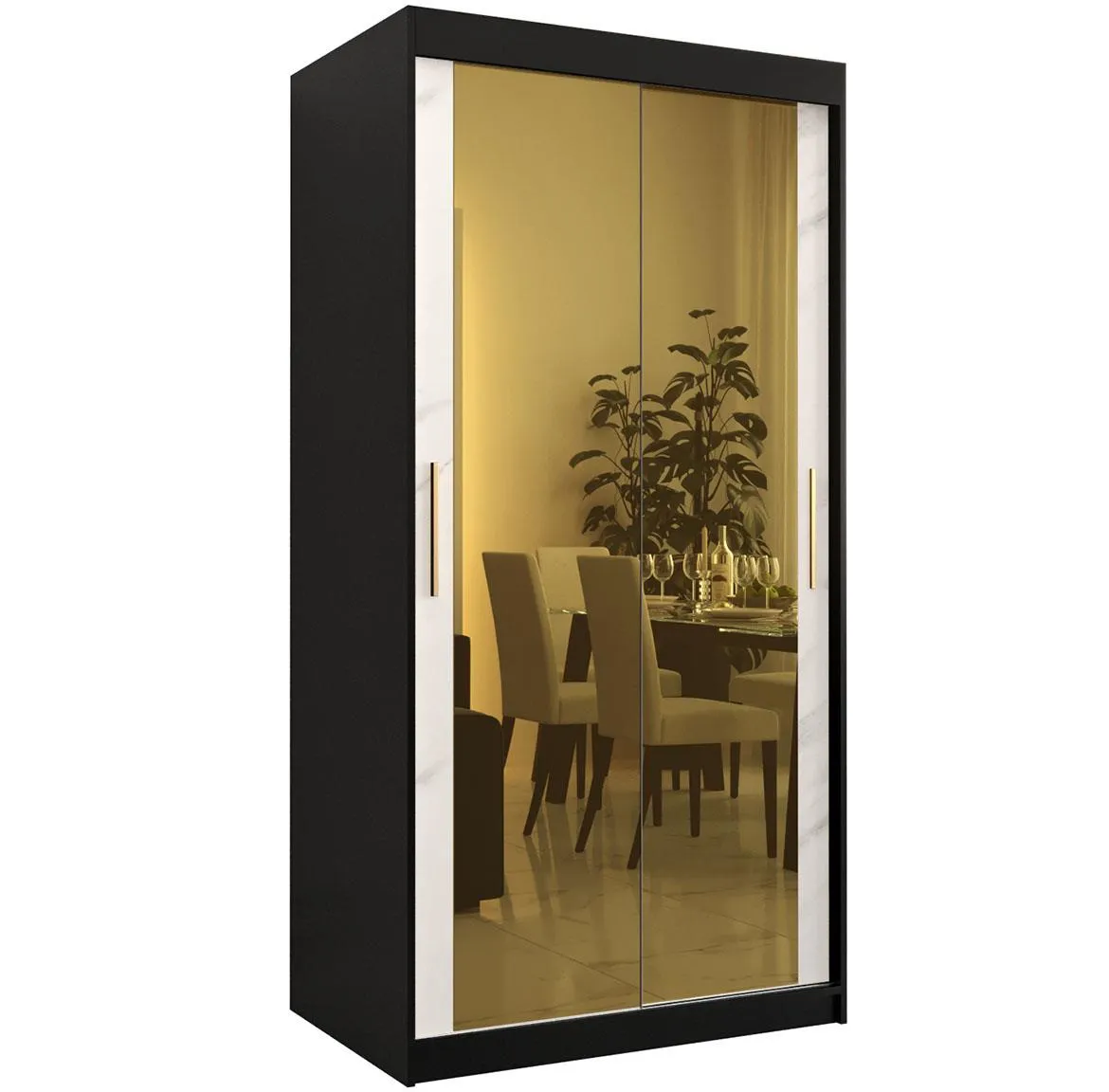 Platinum Pole T3 klizni ormar 2 vrata/ogledalo 100x62x200 cm crni/print belog mermera/zlatni