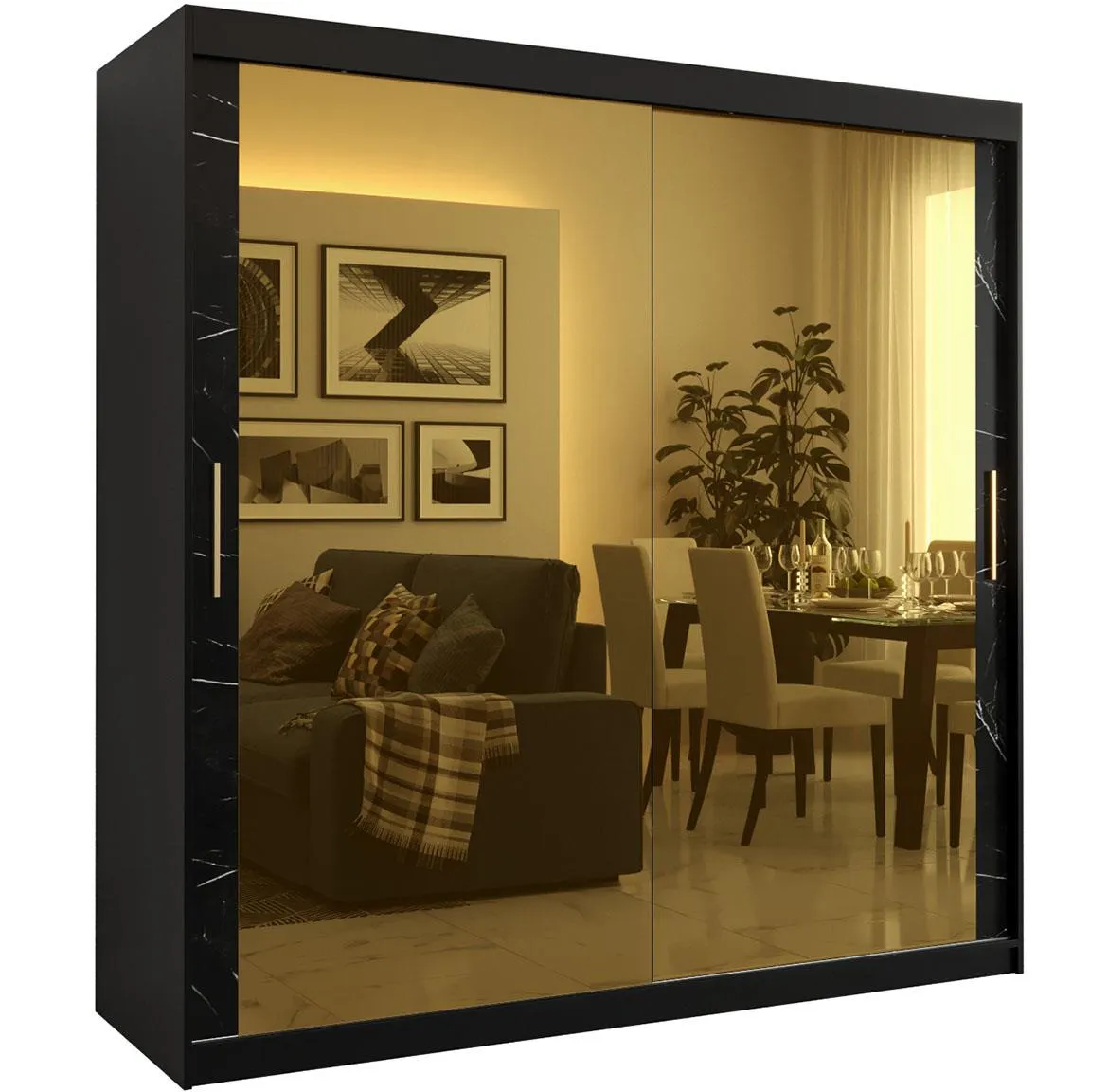 Platinum Pole T3 klizni ormar 2 vrata/ogledalo 200x62x200 cm crni/prit crnog mermera/zlatni
