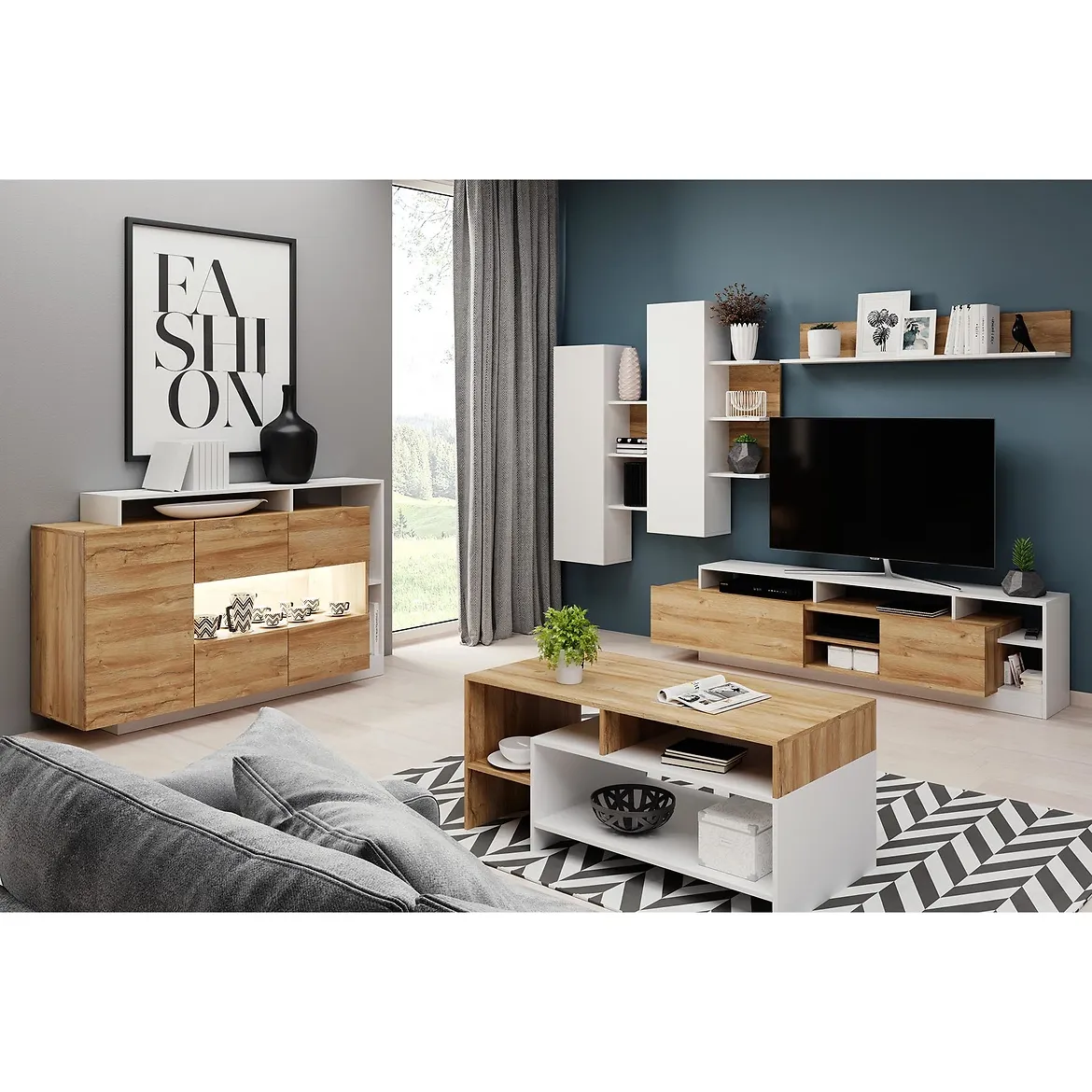 Regal  Alva 260x40x171 5 hrast/bela