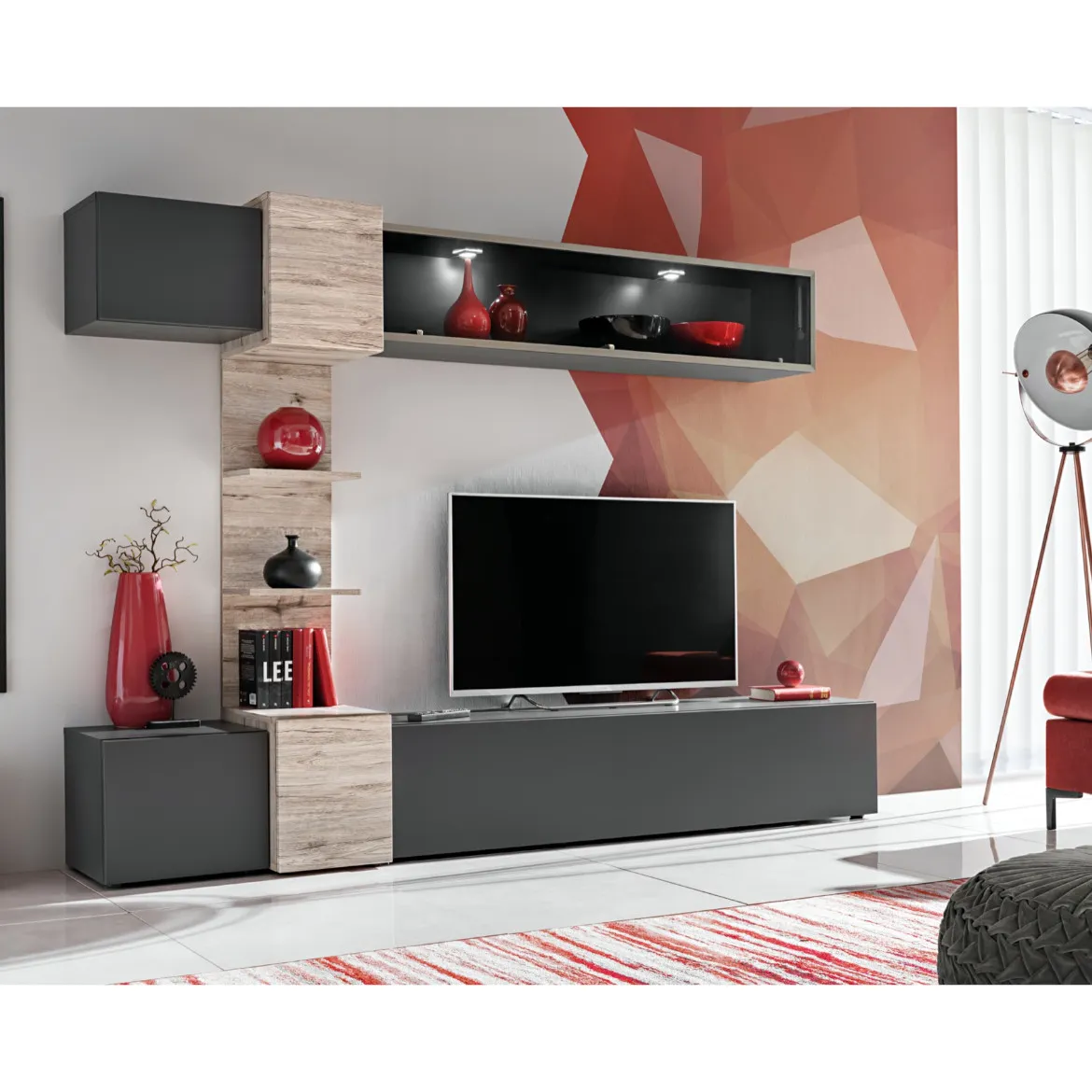 Regal  Rio 230x40x164 cm siva/natur