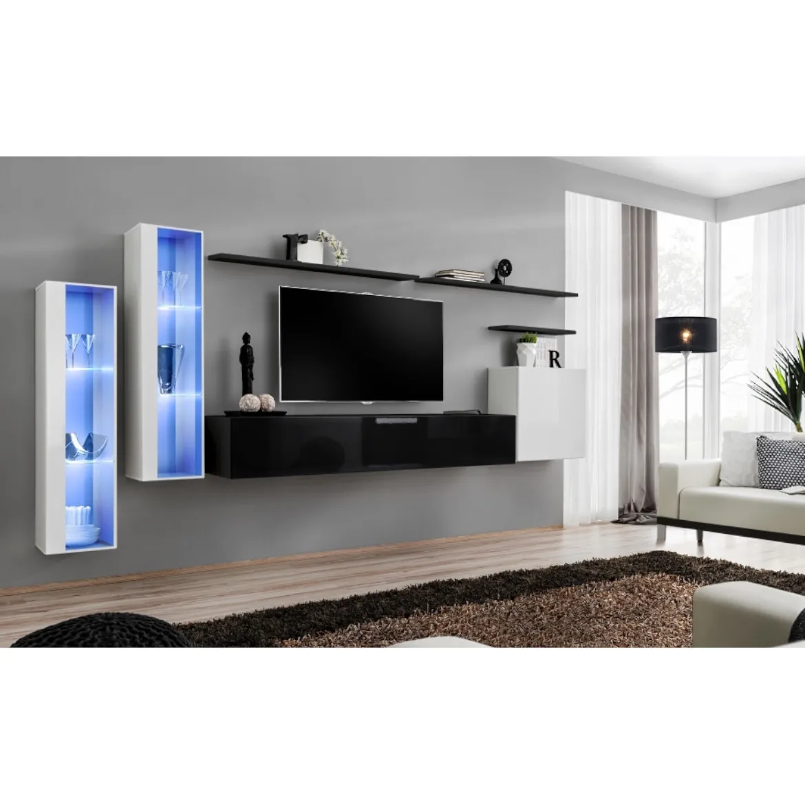 Regal  Switch XI 330x40x160 cm+LED bela/crna