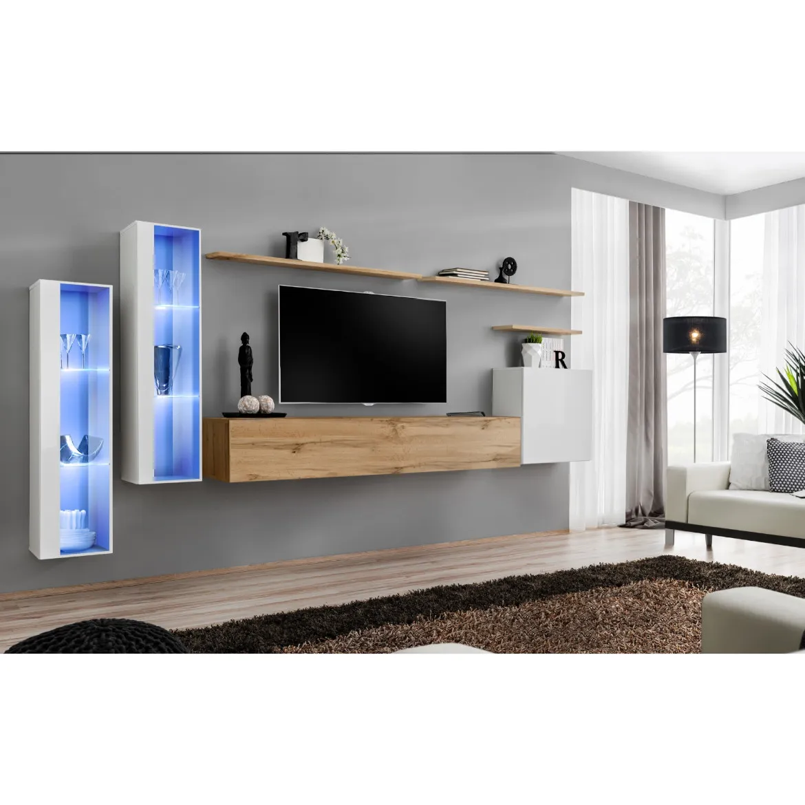 Regal  Switch XI 330x40x160 cm+LED bela/natur