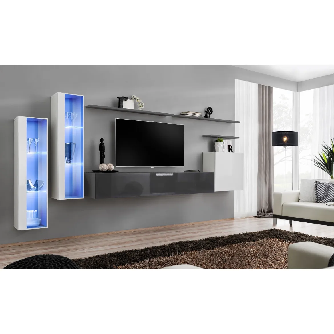 Regal  Switch XI 330x40x160 cm+LED bela/siva