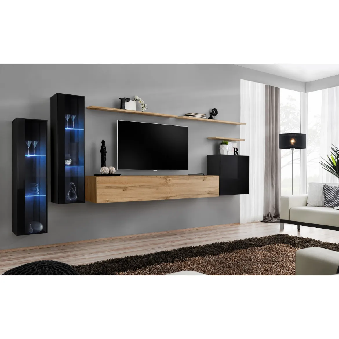 Regal  Switch XI 330x40x160 cm+LED crna/natur