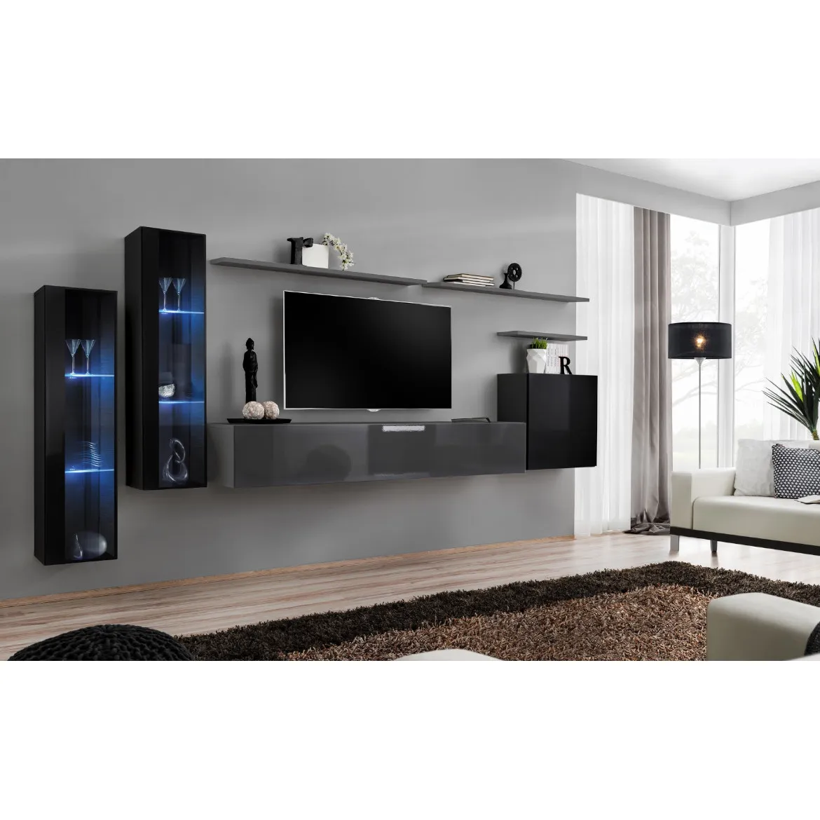 Regal  Switch XI 330x40x160 cm+LED crna/siva