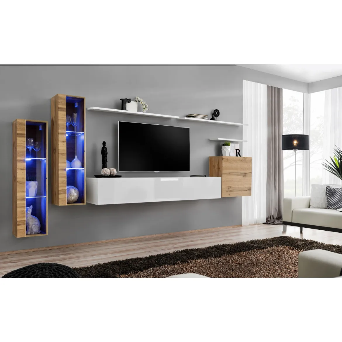 Regal  Switch XI 330x40x160 cm+LED natur/bela