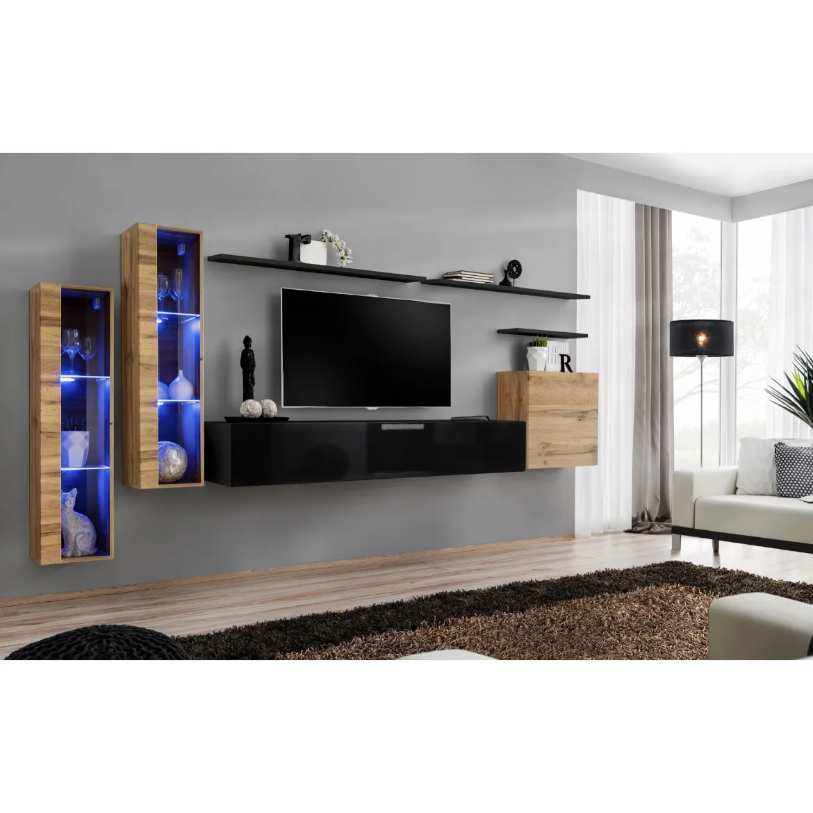 Regal  Switch XI 330x40x160 cm+LED natur/crna