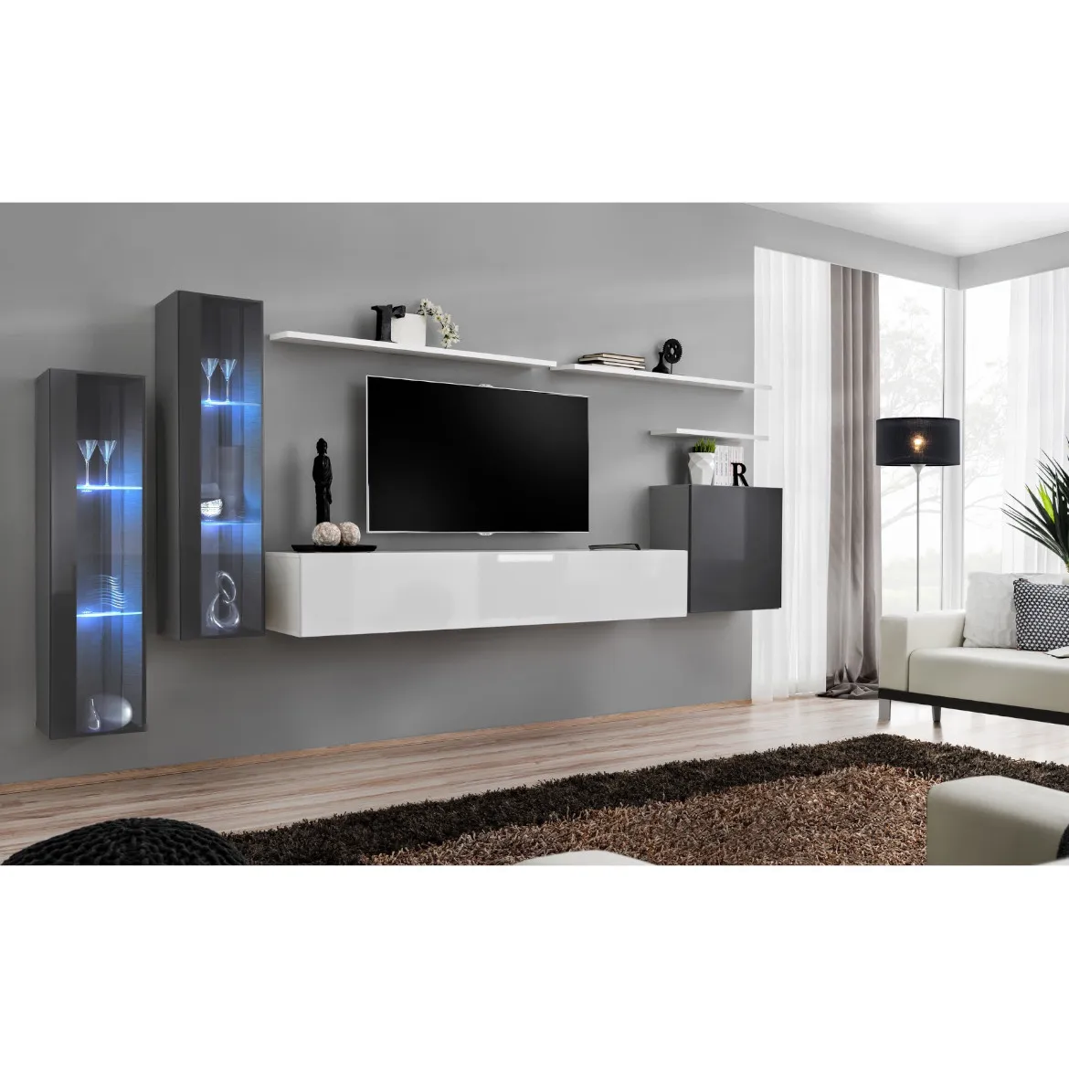 Regal  Switch XI 330x40x160 cm+LED siva/bela