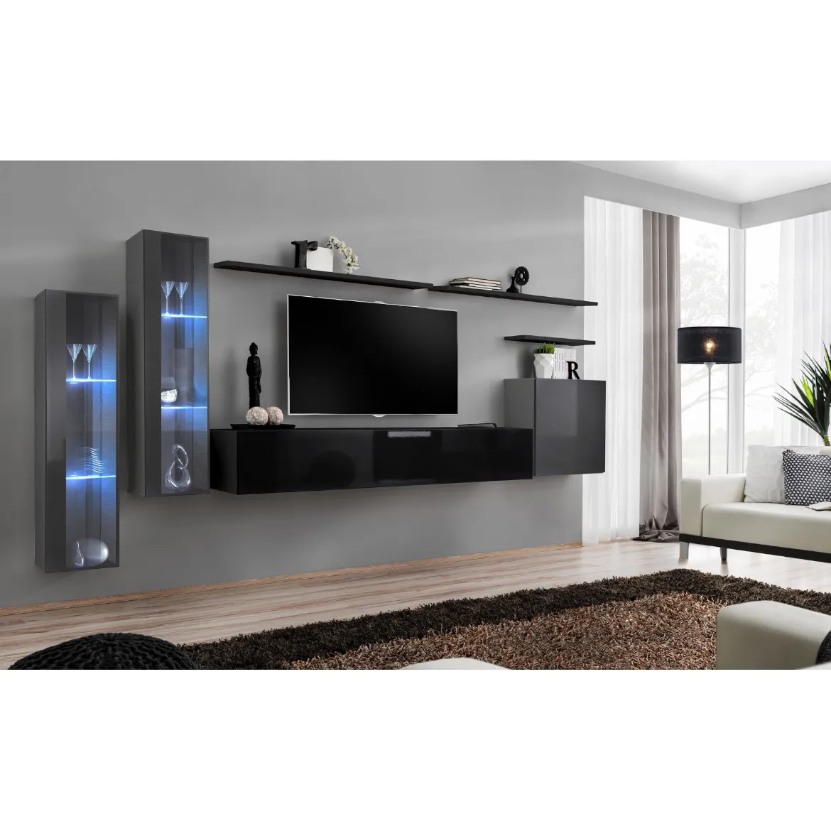 Regal  Switch XI 330x40x160 cm+LED siva/crna
