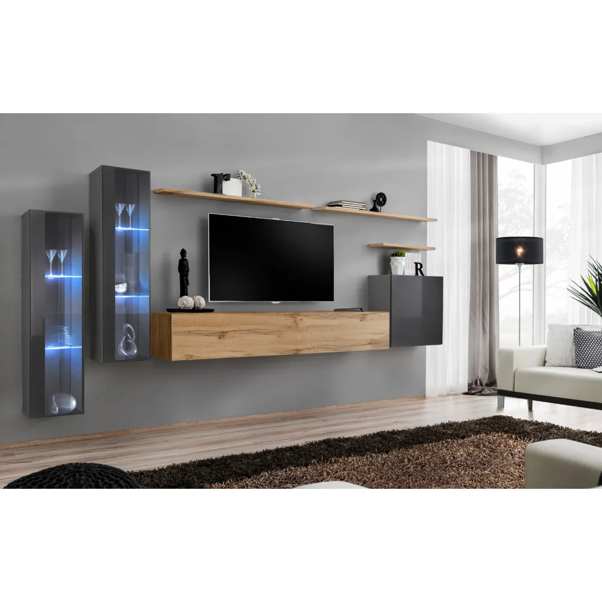 Regal  Switch XI 330x40x160 cm+LED siva/natur