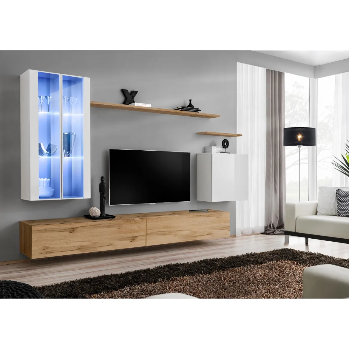 Regal  Switch XII 270x40x160 cm+LED bela/natur