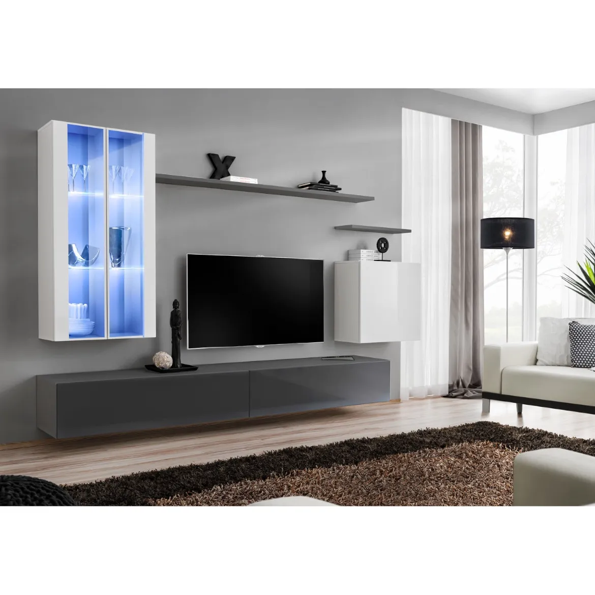 Regal  Switch XII 270x40x160 cm+LED bela/siva