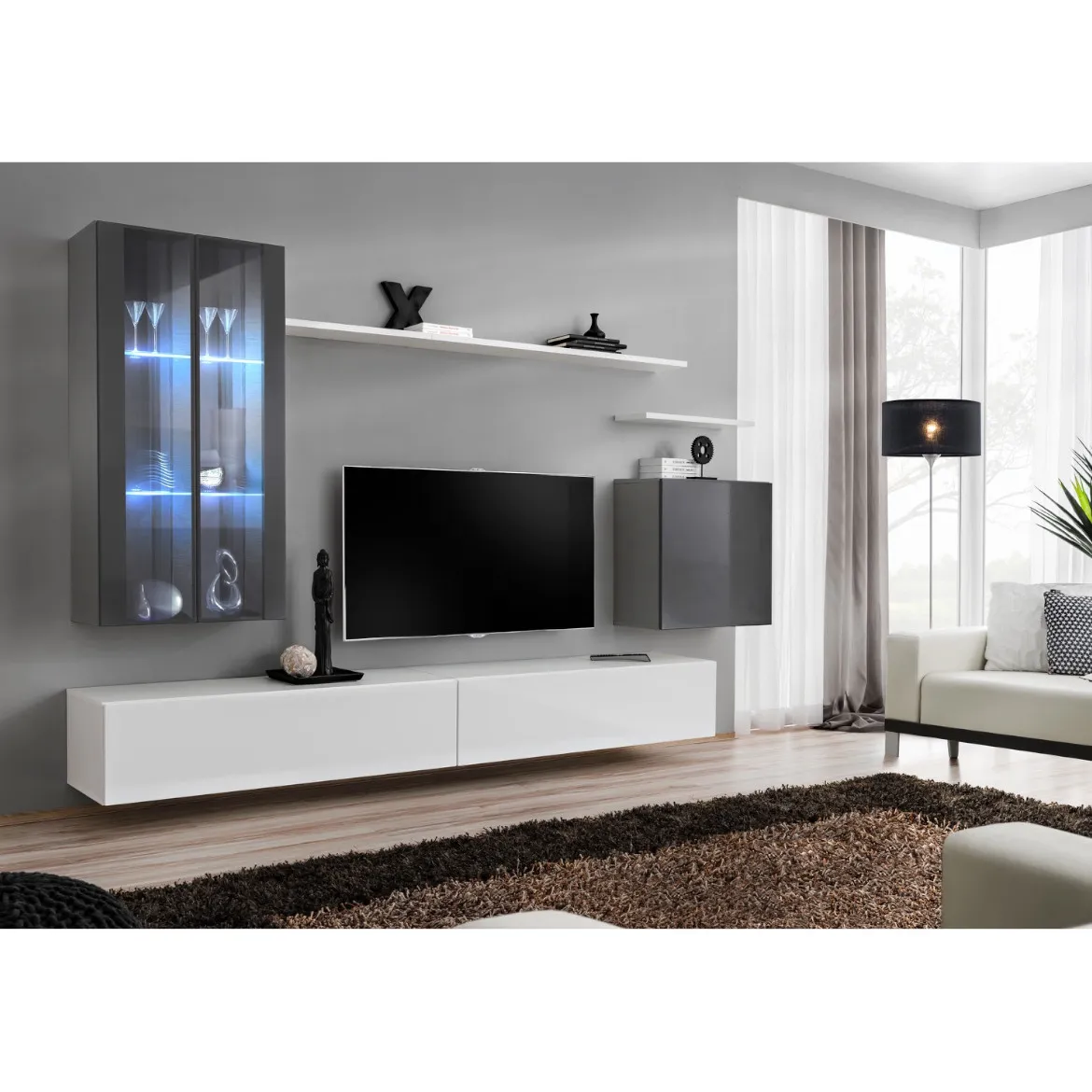 Regal  Switch XII 270x40x160 cm+LED siva/bela