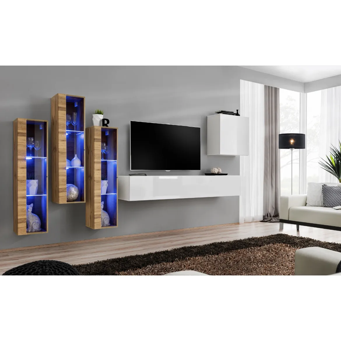 Regal  Switch XIII 330x40x160 cm+LED natur/bela