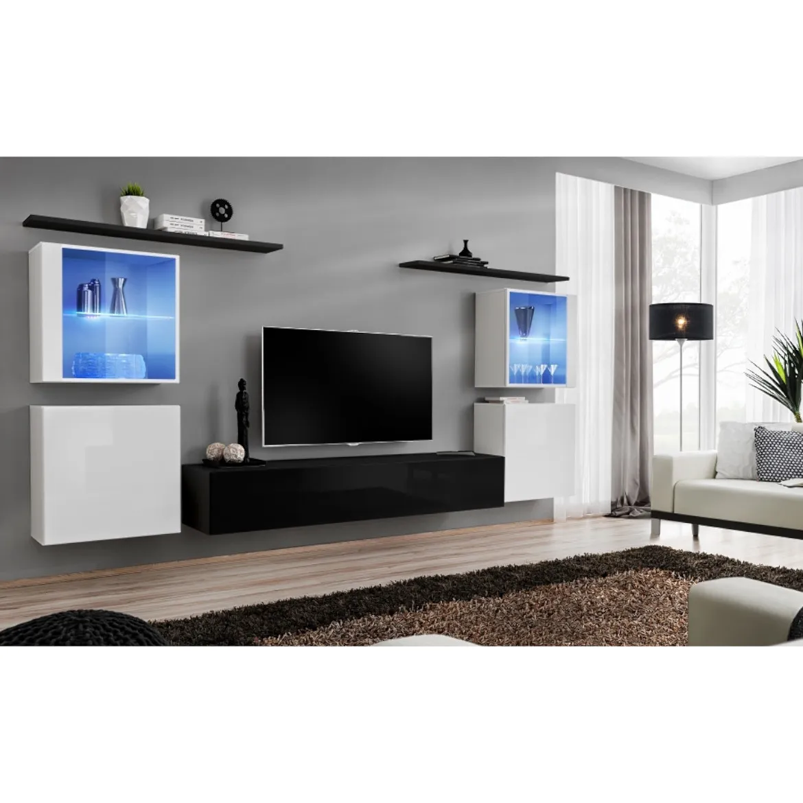 Regal  Switch XIV 330x40x160 cm+LED bela/crna